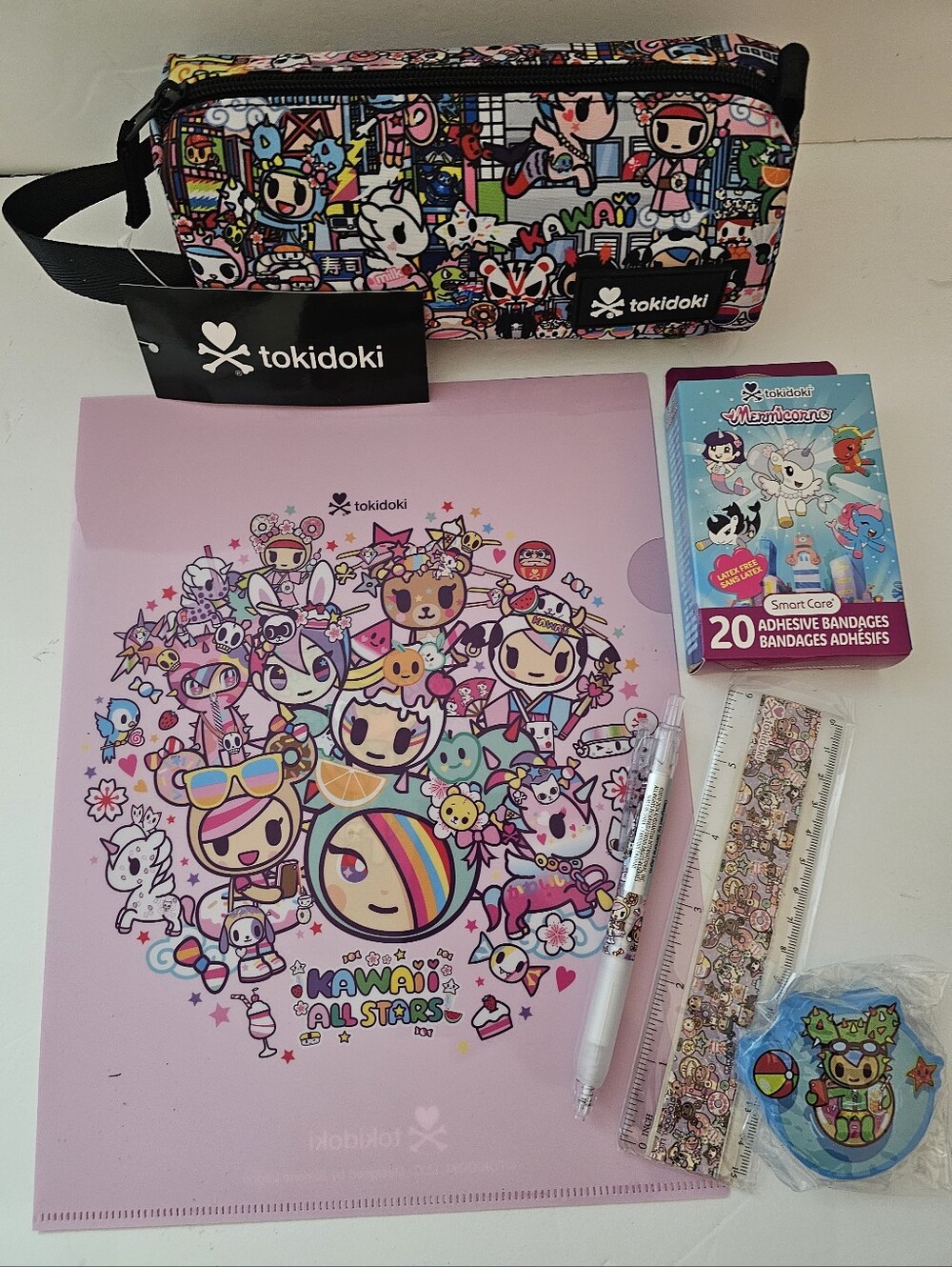 Tokidoki School File Folder, Eraser, Pen, Ruler & Zipper Pouch School Set Pink